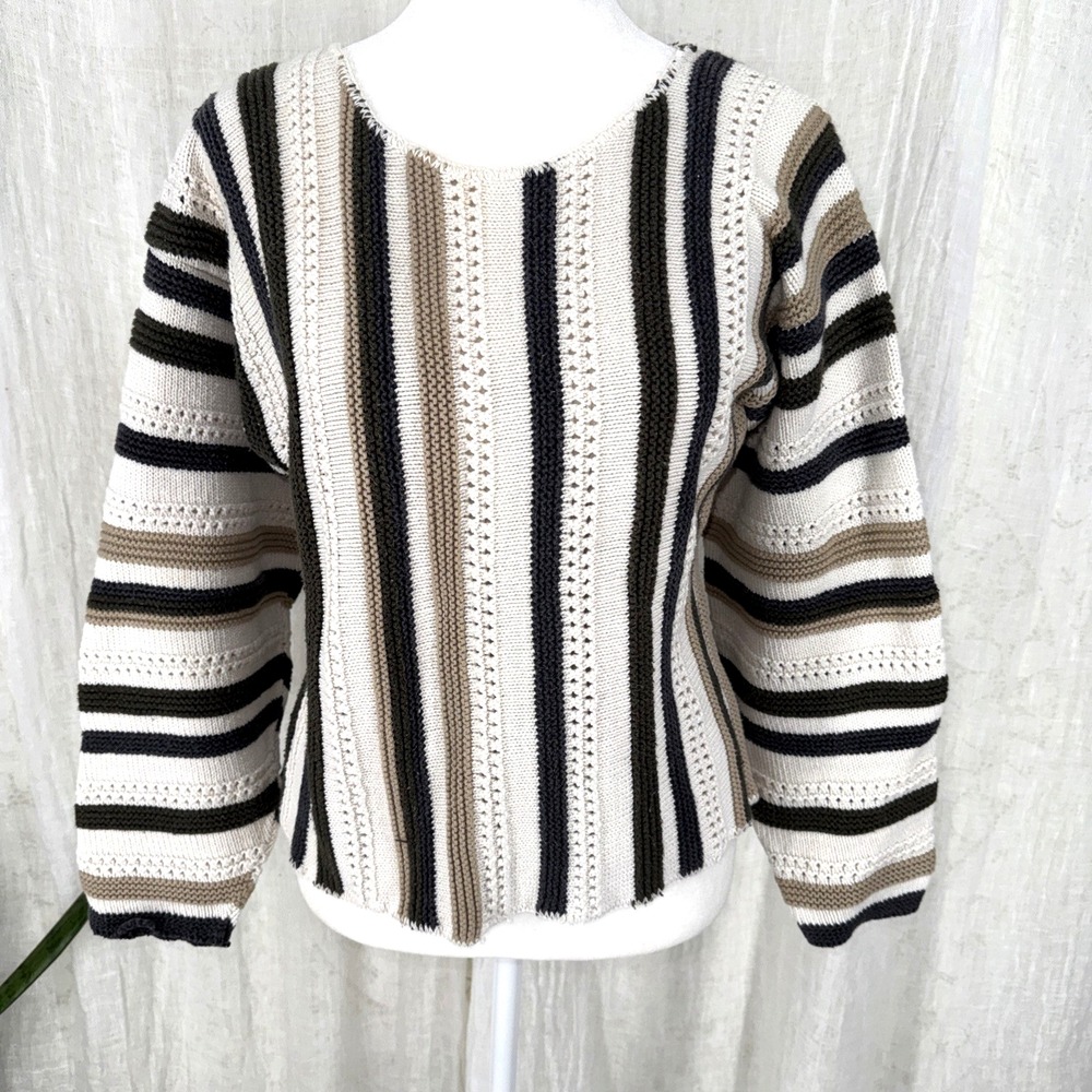 Vintage 90s Grunge Striped Crochet Knit Sweater S Granola Indie Earthy Grandma
